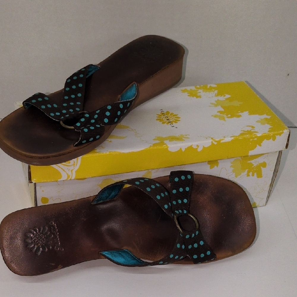 Yellow Box Black and Teal Polka Dot Sandals